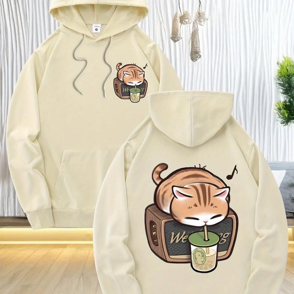 2025 kusů pánských módních mikin s kapucí, s roztomilými potisky spící kočky, z měkkého polyesterového materiálu, přední kapsa s kang