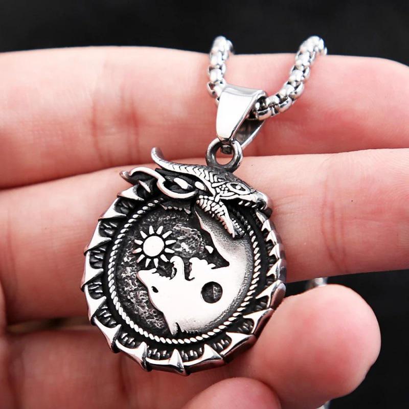 Retro Nordic Viking Mythology Dragon Snake Pendant Necklace - World Tree Amulet in Norwegian Style