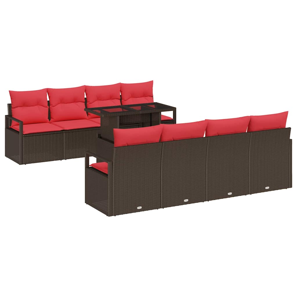 Garden Sofa Set with Cushions and Storage 9 Pieces Brown Poly Rattan