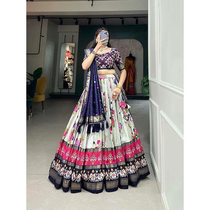 Women Tussar Silk With Patola Print And Foil Work Lehenga Choli ,Unstiched Blouse,