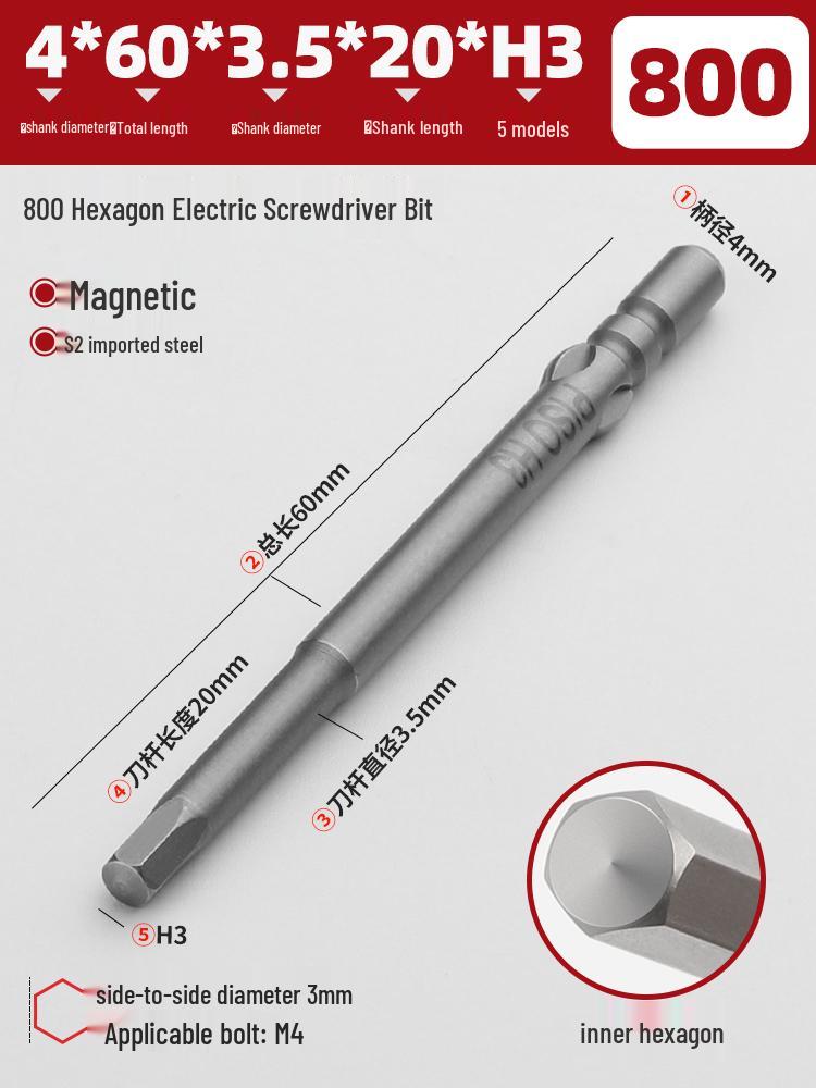 Magnetic 4mm Electric Screwdriver Bit with 800 Internal Hexagon, 5-Star Slotted, and Triangular Bit, 3C