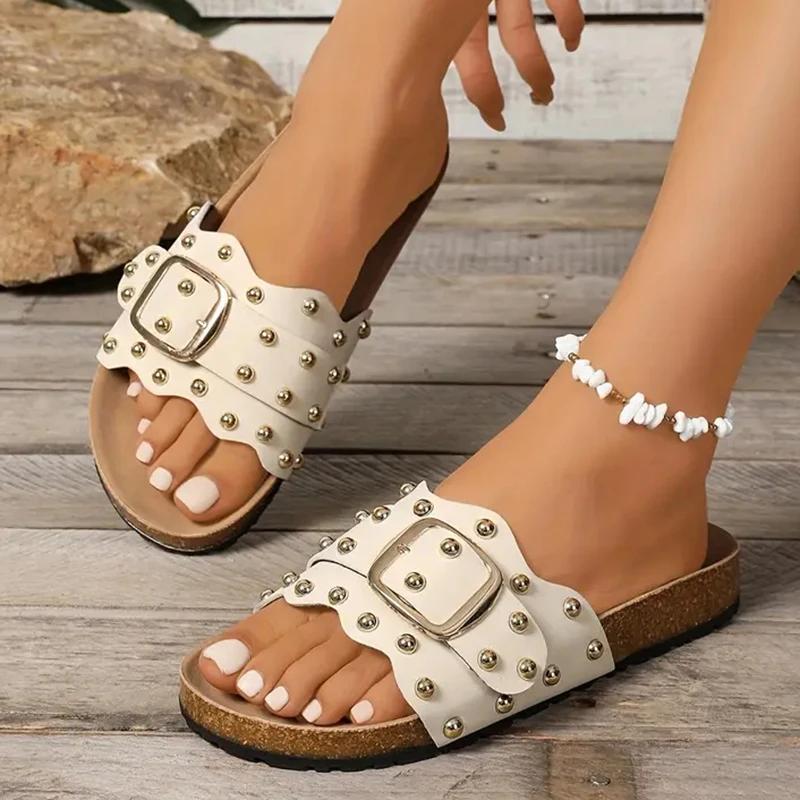 Fashion Buckle Rivet Decor Flat Sandals for Women 2025 Summer Retro Thick Sole Non Slip Slippers Plus Size Comfort Platform Beach Shoes
