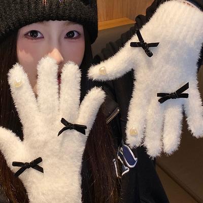 Cute White Knitted Plush Gloves for Women In Winter Thickened and Fleece Warm Cold Proof and Windproof for Cycling
