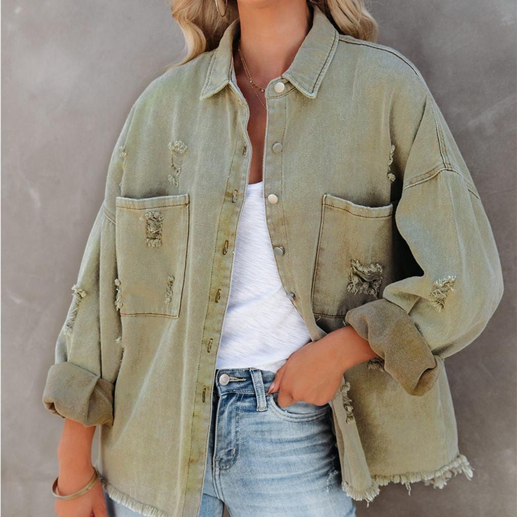 Veste en jean décontractée à manches longues pour femme Ourlet effiloché usé Fermeture boutonnée sur le devant Coupe ample Vêtement d'extérieur avec poches plaquées