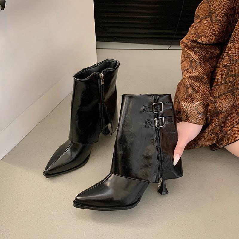 Autumn New Pointed Toe Sleeve Anti-Slip Wear-Resistant Mid-Tube Boots Belt Buckle Side Zipper Stiletto