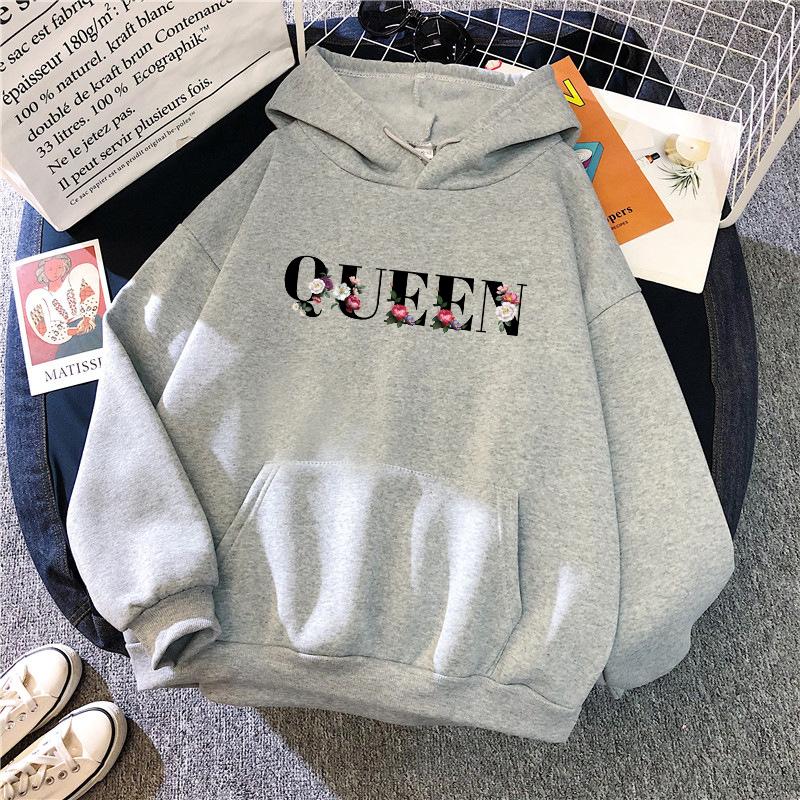 Women's Queen Sweatshirts High Quality Flower Letter Print Hooded Pullover Female Urban Casual Fashion Hoodie