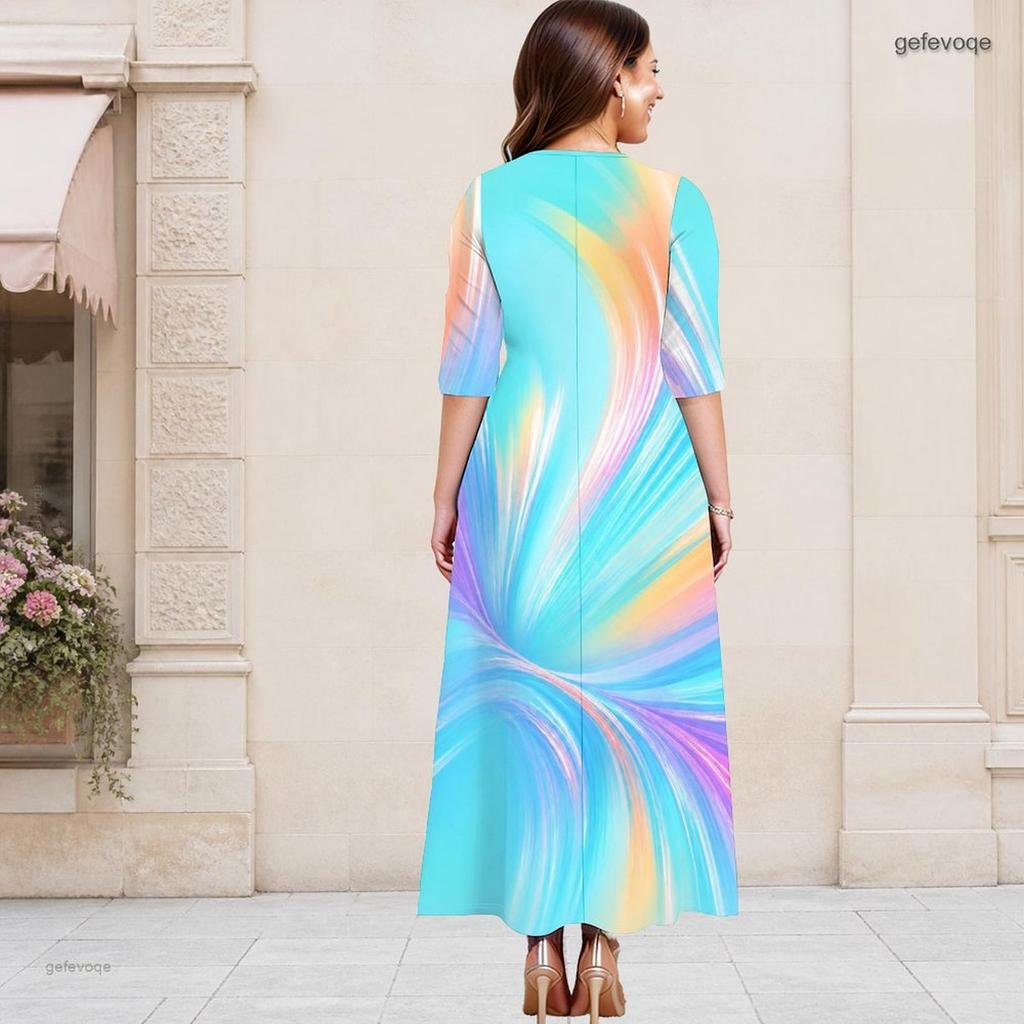 Women Plus Size Keyhole Crew Neck Three Quarter Sleeve Abstract Print Black Gold Maxi Dress