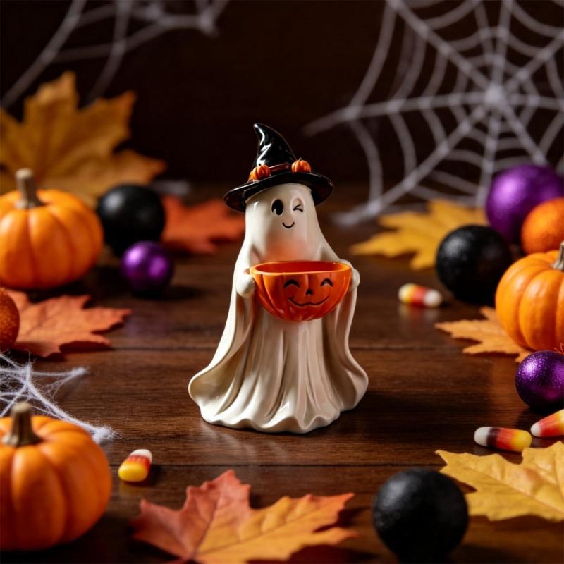 Halloween Tabletop Ghostly Decors With Pumpkin Candy Bowl, Resin Figurine for Entryway Mantels Shelf and Party Table Styling