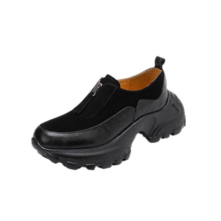 Coarse Heel Muffin Thick-soled Sheepskin Single Shoes Women's 2025 Spring Splicing Waterproof Table Round Head Ultra-light Casual Loafers