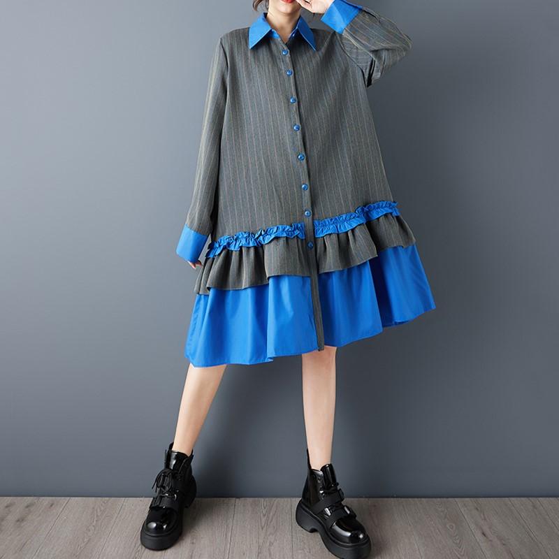 Long sleeve Plus size  vintage patchwork new in dresses for women casual loose spring autumn midi shirt dress