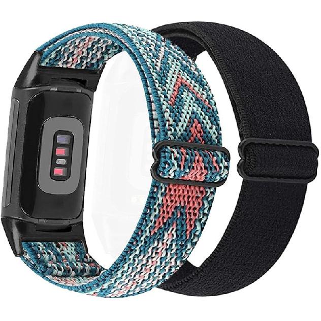 Abanen 2 шт. Эластичные ремешки для Fitbit Charge 6 / Charge 5, Мягкие нейлоновые эластичные плетеные ремешки, Дышащие ремешки для запястья с регулируемой застежкой для Black-Blue Pink