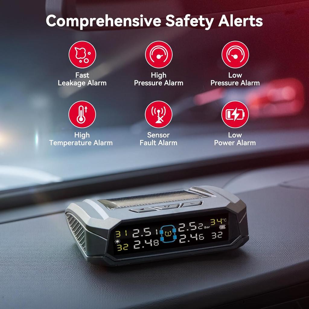 Andeman RV Tire Pressure Monitoring System, Tire Pressure Monitor With Solar And USB Charger TPMS With 4 Sensors & 6 Alarm Modes Tire Temperature