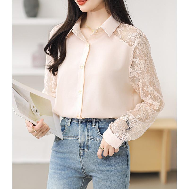 Western Style Women's Collar Lace Patchwork Chiffon Shirt Top Cardigan Shirt