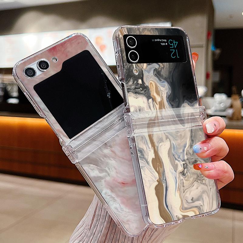 Ink Marble Pattern Clear Phone Case For Samsung Galaxy Z Flip5 Flip7 Flip6 Folding Hard Cover For Samsung Z Flip 7 6 5 4 3 5G