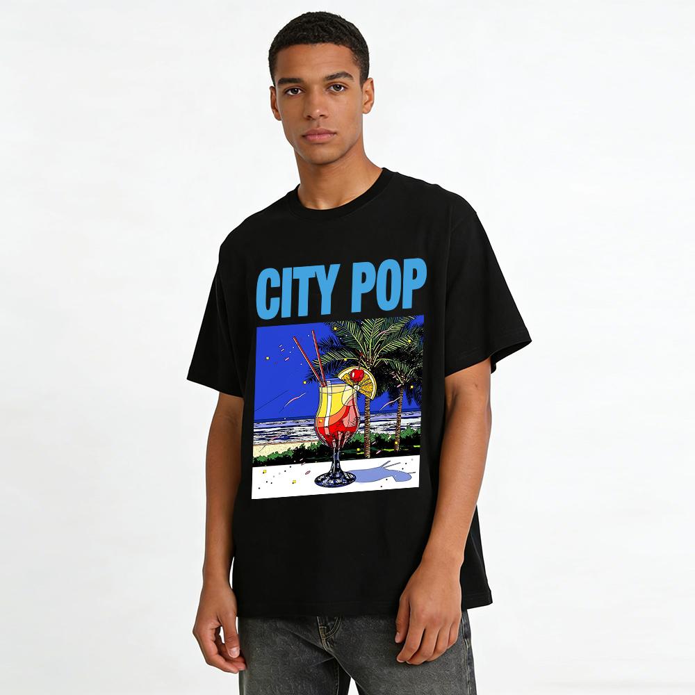 Retro City Pop Style Seaside Cocktail Print T-Shirt Casual Vacation Unisex Top For Summer Pure cotton T-shirt
