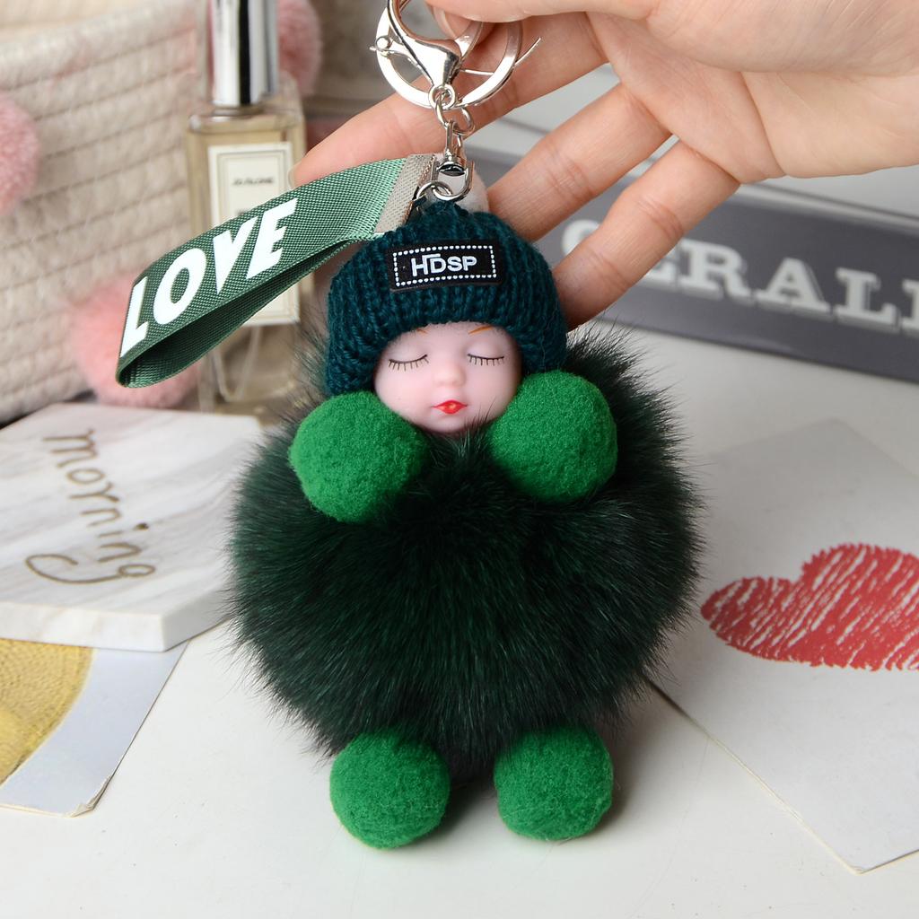 Pompom Sleeping Baby Keychain Cute Fluffy Plush Doll Keyholder Women Girl Bags Keyrings Cars Key Ring Gift Charming Decoration