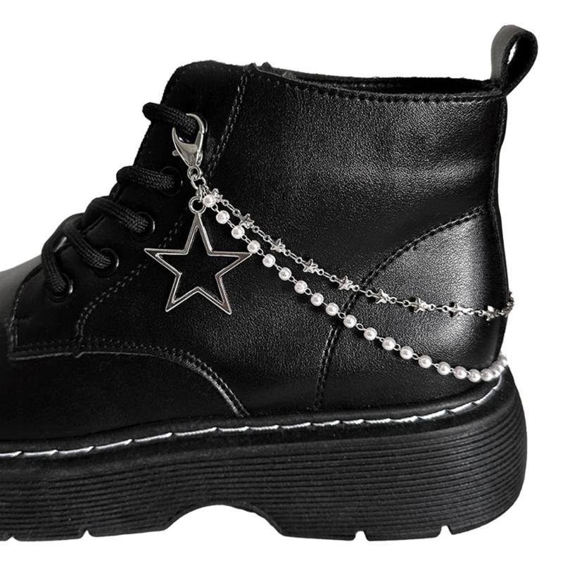 Doppellagige Schuhkette Canvas Schuhe Ketten Punk Stil Stern/Herz Perlen Schuhschnallen Schmuck Trendy Y2k Accessoires