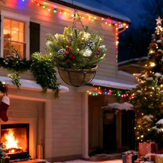 Christmas Hanging Baskets for Outdoors Pre-Lit Artificial Basket with LED Lights Pine Cones Berries for Holiday Porch Garden Decor