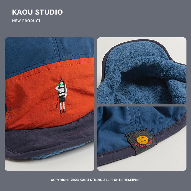 Retro Color Matching Versatile Bomber Hat for Men and Women Winter Fleece Warm Ear Protection Fashion Strap Pilot Cap