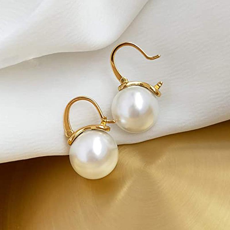 Large pearl pendant earrings, classic round pearl Huggie women's earrings, elegant wedding and daily jewelry gifts