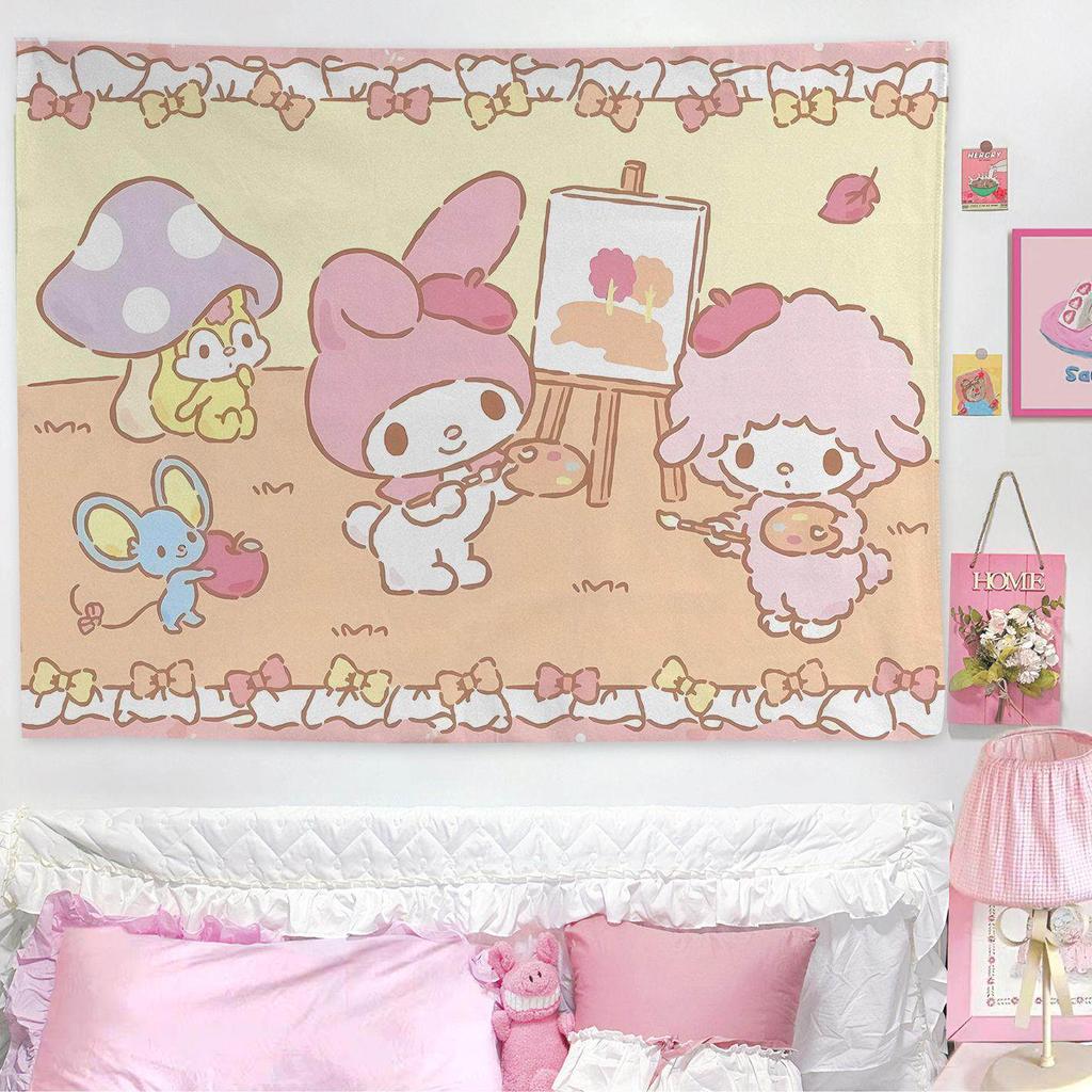 My Melody Sweet Bedroom Tapestry Cute Pastel Cartoon Wall Hanging Soft Polyester Print for Girls Bedroom Dorm Decor Kawaii