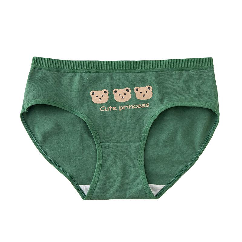 Japanische Niedliche Cartoon Grüner Bär Damen Unterwäsche aus Reiner Baumwolle - Mittelhoch geschnitten für Damen und Mädchen