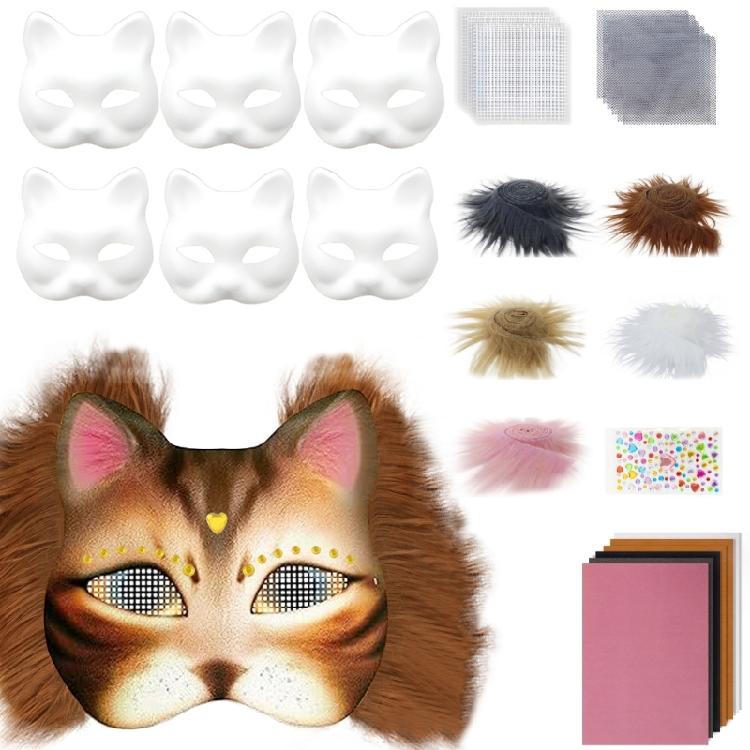 6Pieces White Cats Face Mask Unpainted Masquerades Mask for Halloween Includes Furry Trim Eye Mesh Felted Cloth Sticker
