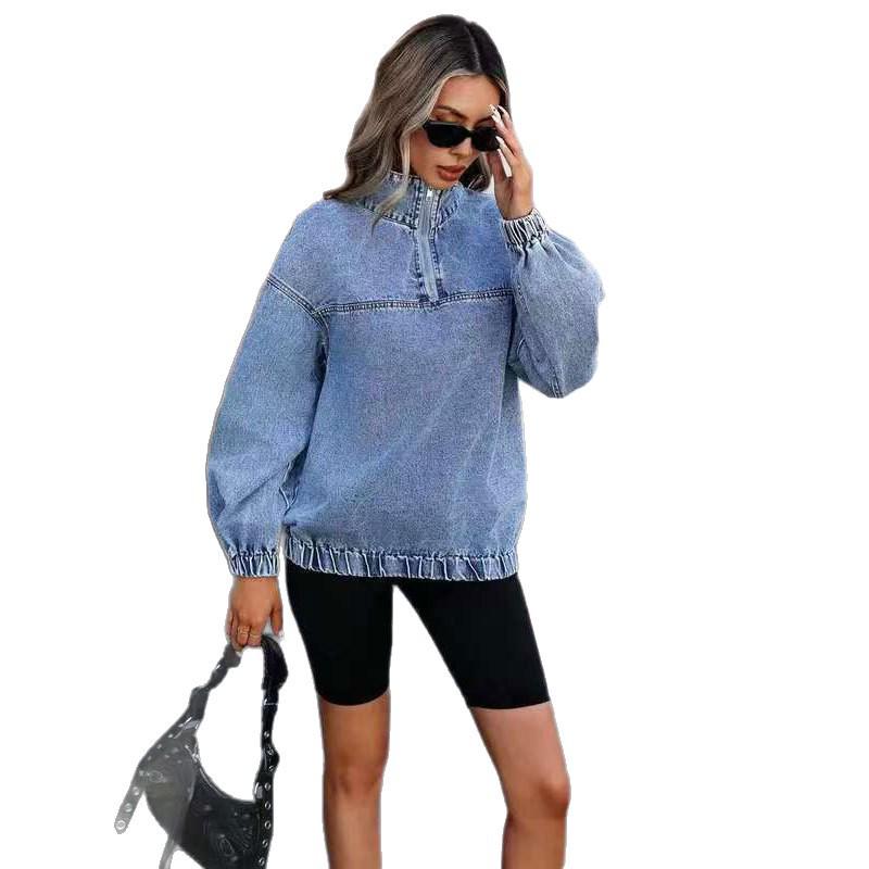 Women's Washed Loose Round Neck Denim Jacket with Zipper – 2025 Autumn European and American Fashion Style
