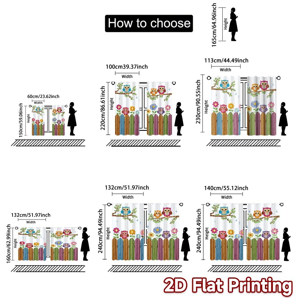 Set Of 2 Flat Printing Party Window Curtains Colorful Owls Branch Digital Printed Polyester Drapes Festive Use Curtain