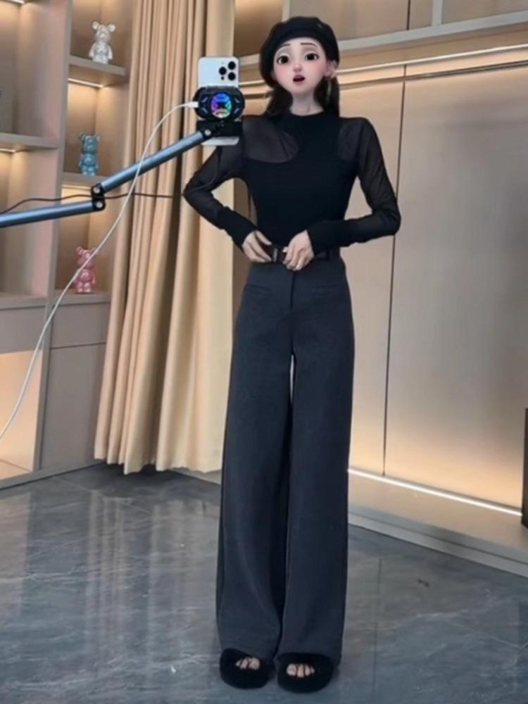 Women's Wool Wide-Leg Pants: Spring/Fall Loose Fit, Straight-Leg, Slimming Pockets with Velvet for Winter.