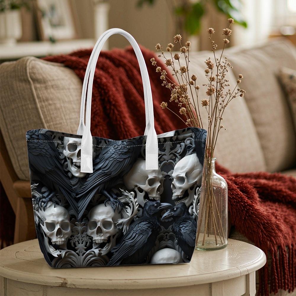Gothic Skull Crow Printed Shoulder Bag Casual Daily Tote Bag Stylish Dark Style Portable Durable Handbag
