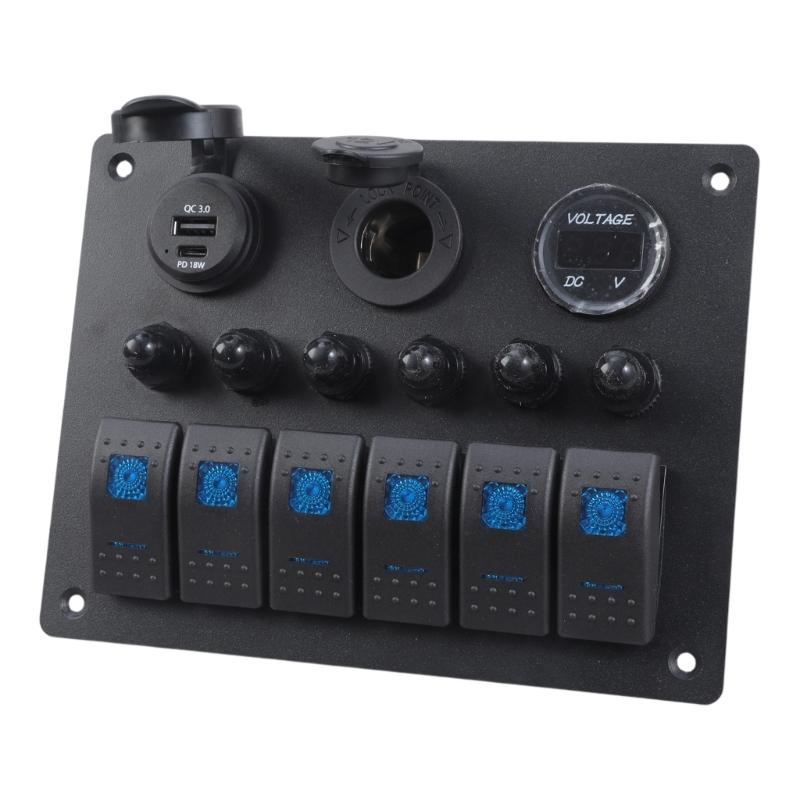 Waterproof 6 Gang Switches Panel with Digital Voltmeter Marine Vehicle Switches