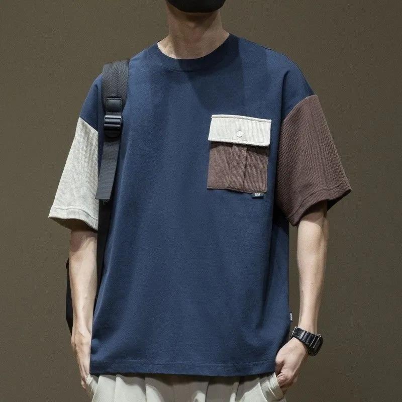 

Men Navy Color Block Waffle Pocket Crew Neck Oversized T Shirt M темно-синий