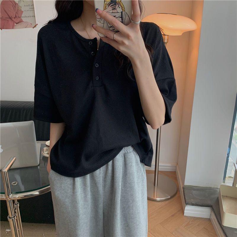 Women's V-neck Pullover Short Sleeve Summer New Casual Knitting Loose Top Solid Color T-shirt