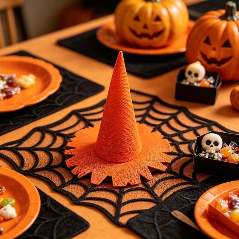 Halloween-Hexenhut für Erwachsene mit hoher, strukturierter Form und eckigem, breitem Rand, faltbare Polyester-Kostümkopfbedeckung