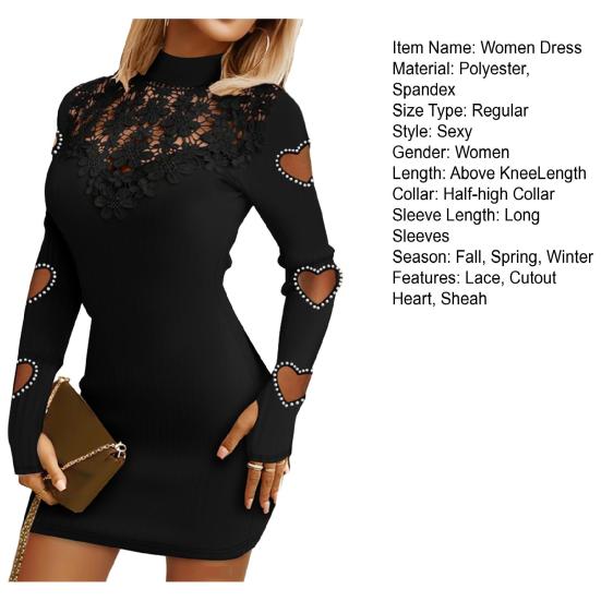 Women Dress Hollow Out Lace Skinny Sheath Solid Color Half-high Collar Elastic Soft Flower Applique Cutout Heart Above Knee Mini Dress
