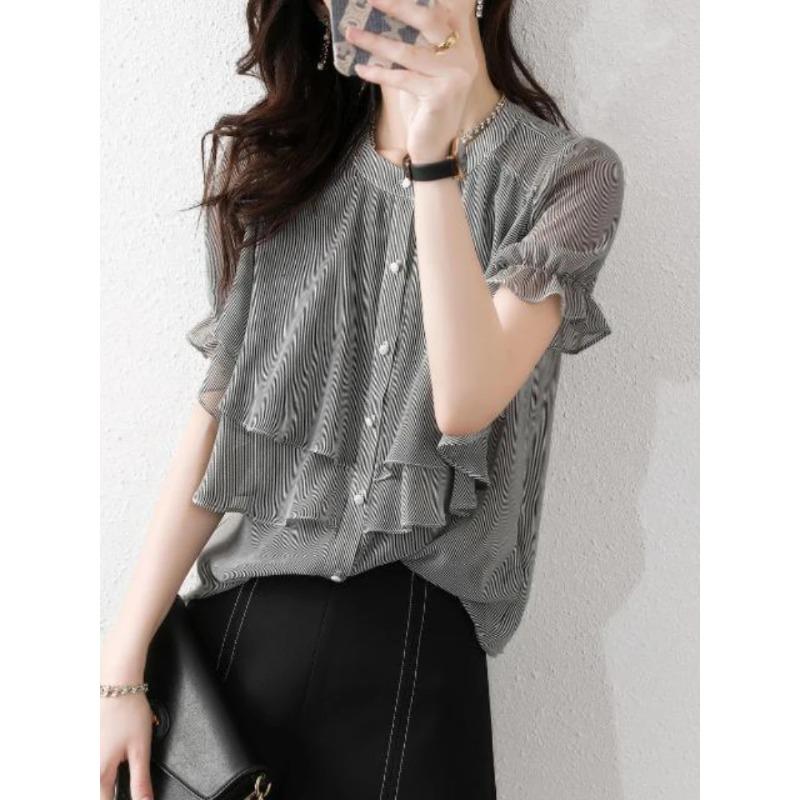 Camicie a Righe Donna Morbide Volant Comfort Casual Elegante Ufficio Signora Scollo a O Trendy Retrò All-Match Semplice Stile Coreano Dolce