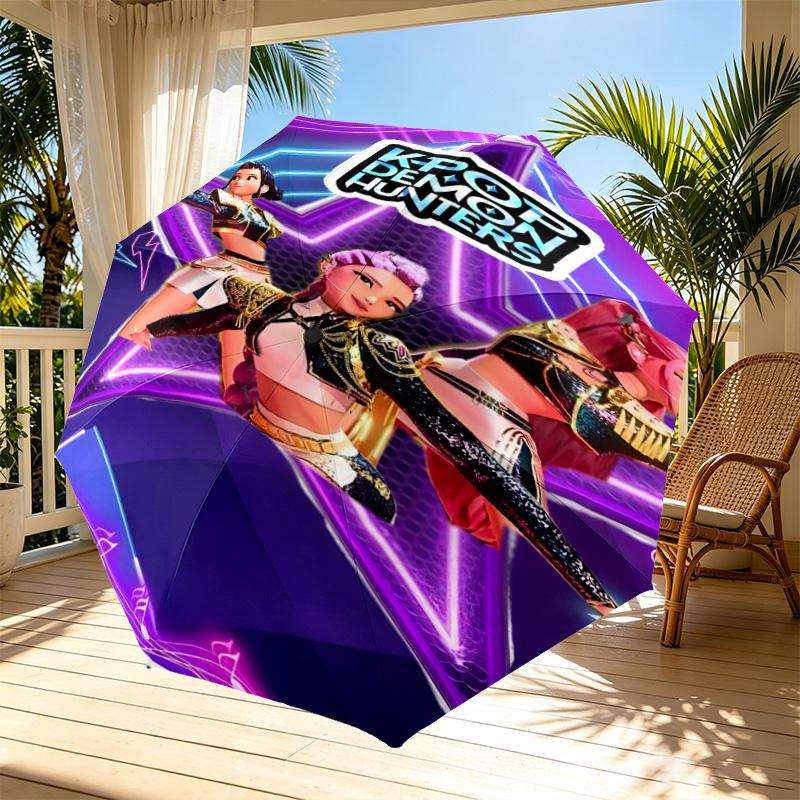 KPop Demon Hunters Print Automatic Open Close Umbrella, Portable Foldable Umbrella, for Outdoor Commute Camping Trip, Ideal Birthday Gift