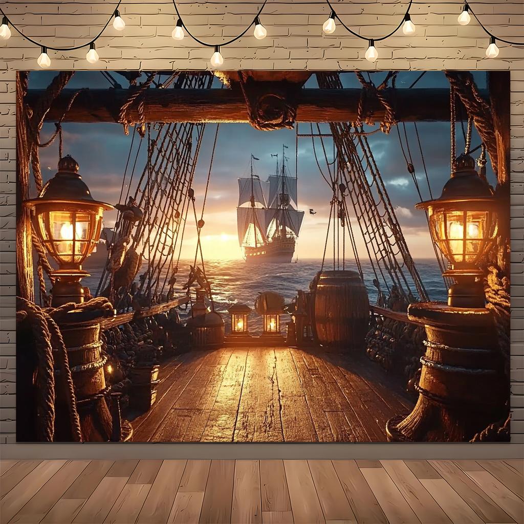 Telo di sfondo con scena di nave pirata al tramonto dorato, striscione per feste in stile retrò, decorazione da esterno