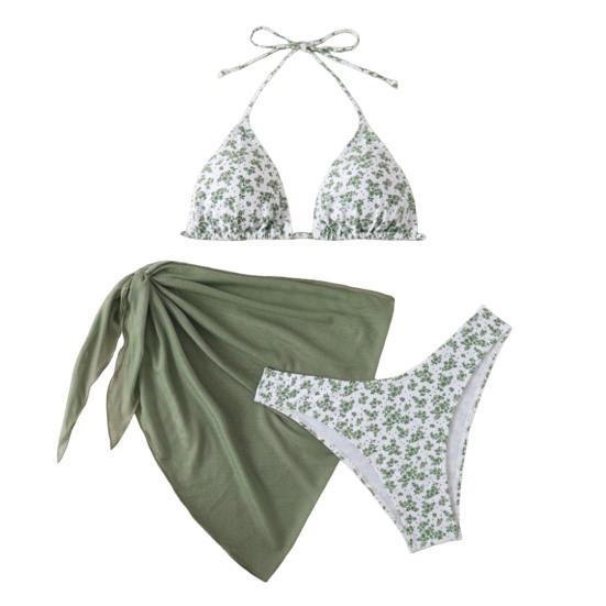 3-tlg./Set Damen Blumenmuster Bikini-Set Neckholder Gepolstert Ohne Bügel BH Schnelltrocknend Badehose Unifarben Überwurf Rock Set Sommer Strandmode