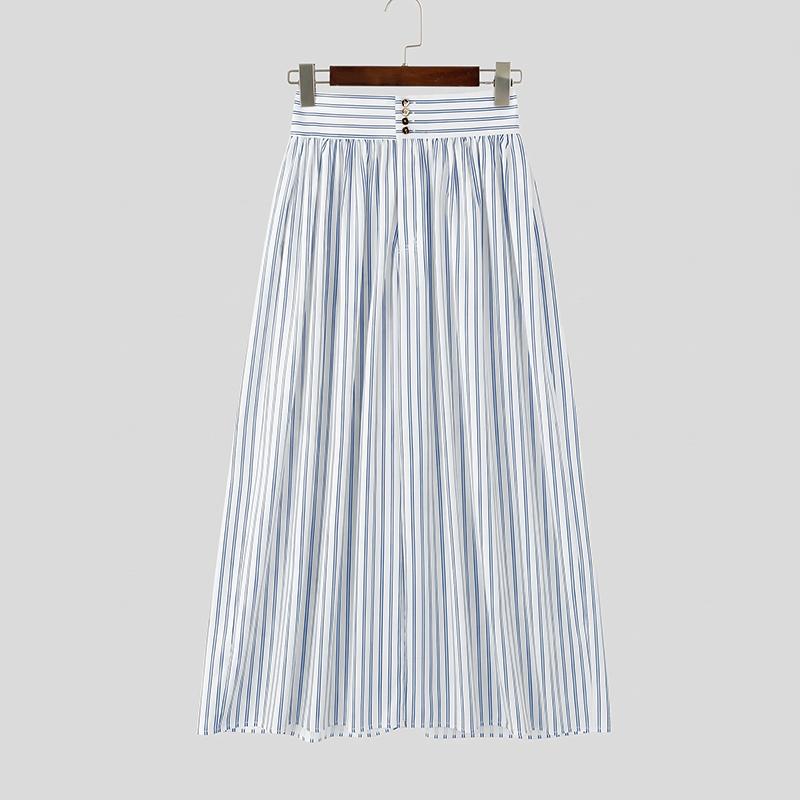 INCERUN Mens Striped Wide Leg Pants High Waist Button Loose Fit Casual Long Trousers