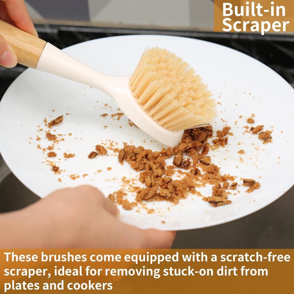 2 Pack Kitchen Dish Brush Bamboo Handle Dish Scrubber Built-in Scraper, Scrub Brush for Pans, Pots, Kitchen Sink Cleaning