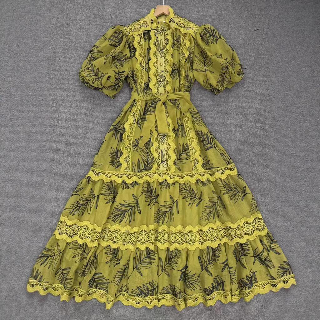 Lace Stand Collar Embroidered Patchwork Puff Sleeve Dress