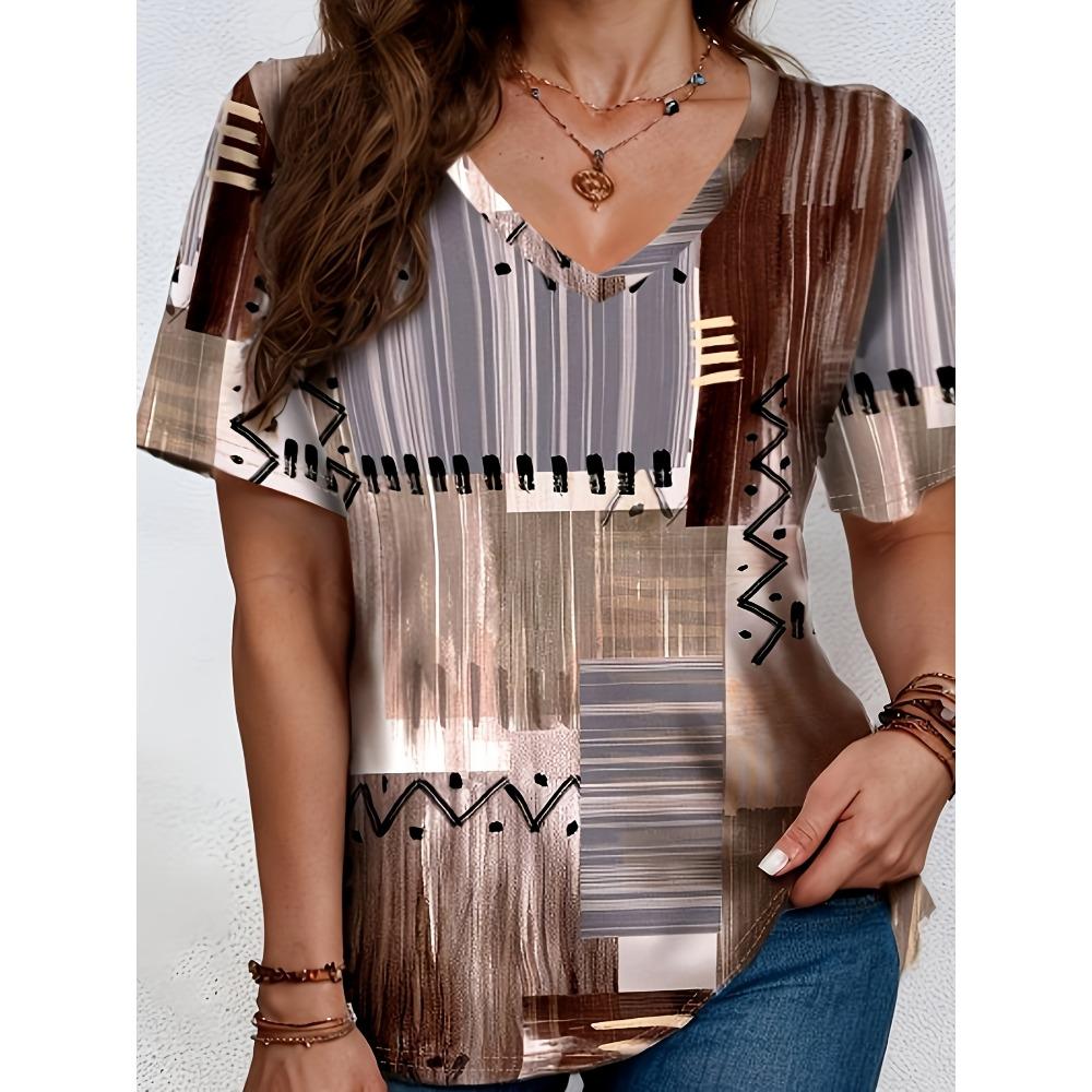 T-Shirt Women Elegant Simple V-Neck Short Sleeve 3D Print Floral Print Top Summer Casual Ladies T-Shirt Vintage Pullover Tops