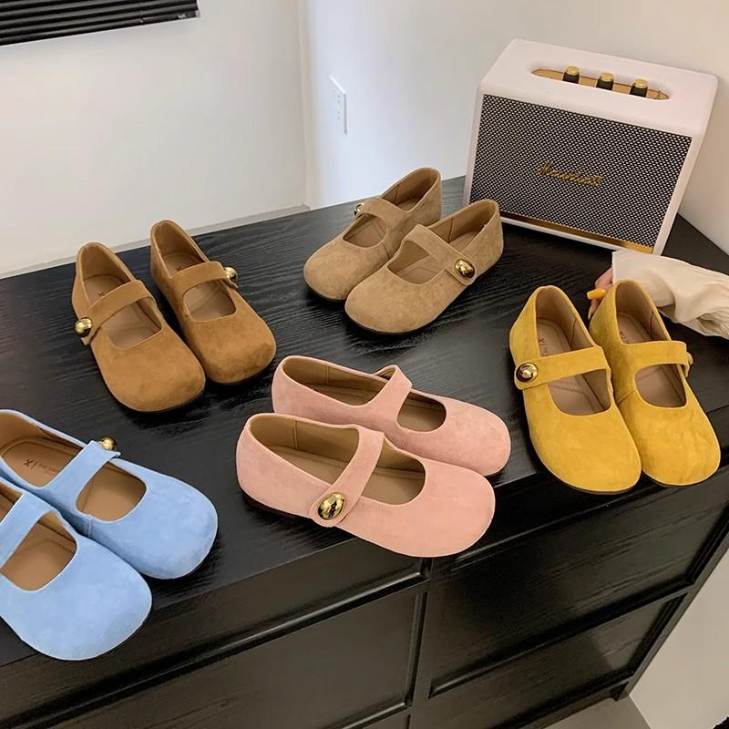 Retro Mori leather one-word buckle strap women's new cute round head Mary Jane flat shoes