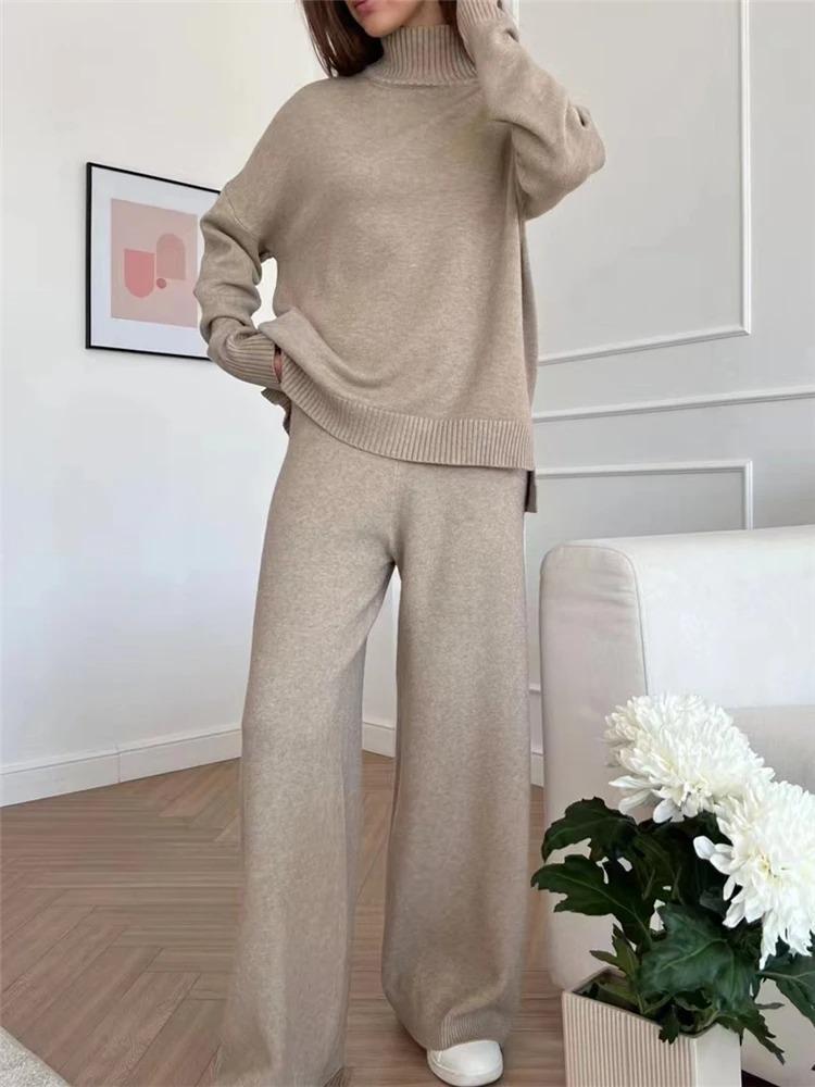 High-Quality Solid Color Knit Set: Women's High Neck & Wide Leg Pants Two-Piece for Autumn/Winter 2025