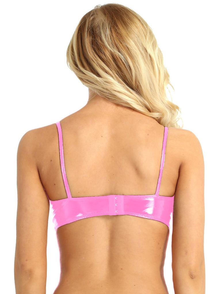 Dámský Lakovaný Podprsenkový Top Mokrého Vzhledu Kalhotky s Vysokým Střihem Bez Kostice Přední Zip Lingerie Set Rave Klubový Outfit