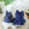 Dog Denim Dresses for Small Medium Dogs Puppy Girl Clothes with Leash Ring Cute Bow Knot Cat Apparel with D-Ring Harness Skirt