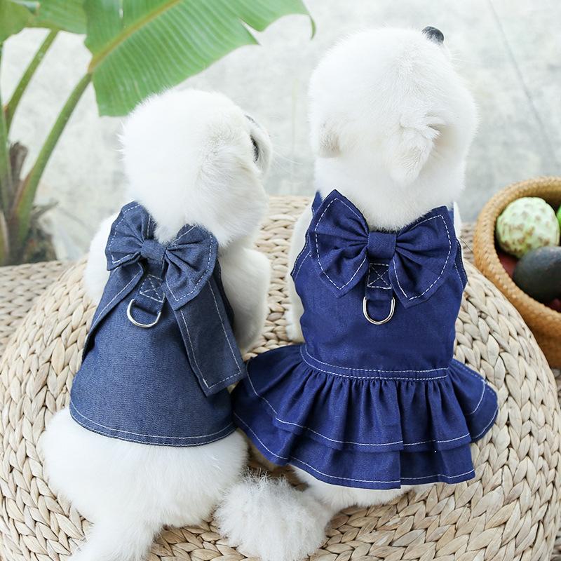 Dog Denim Dresses for Small Medium Dogs Puppy Girl Clothes with Leash Ring Cute Bow Knot Cat Apparel with D-Ring Harness Skirt