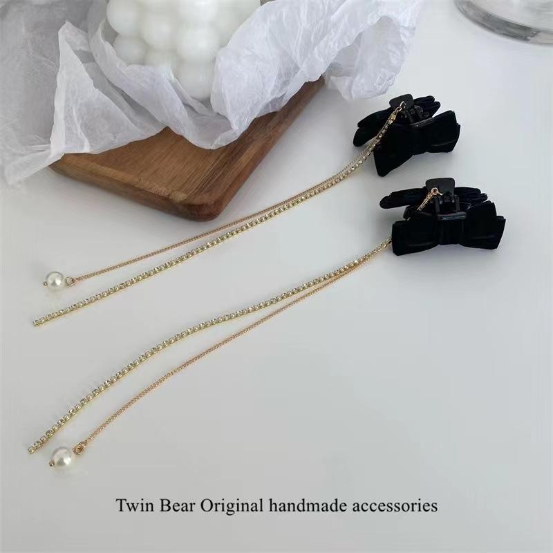 

Black Velvet Bow Hair Clip Fresh and Sweet Handmade Long Tassel Barrette for Women Autumn Winter Fringe Claw Hairpin 2pcs Set чёрный